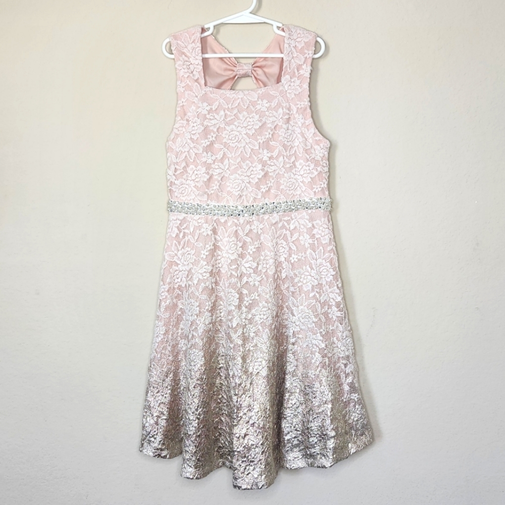 emiliy west Pink Lace Fit & Flare Pearl Rhinestone Belted Dress | Girls Size 12
